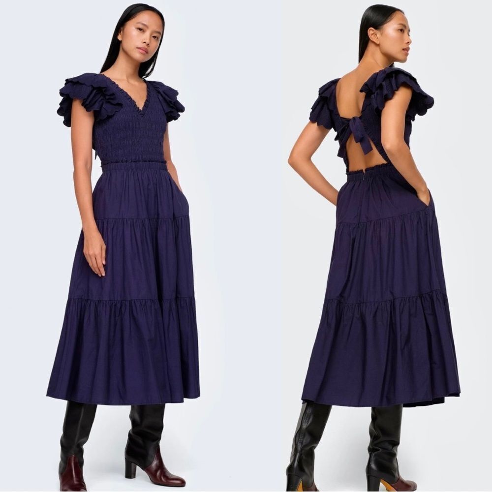 Sea NY Heidi Flutter Sleeve Smocked Navy Midi Dress 2